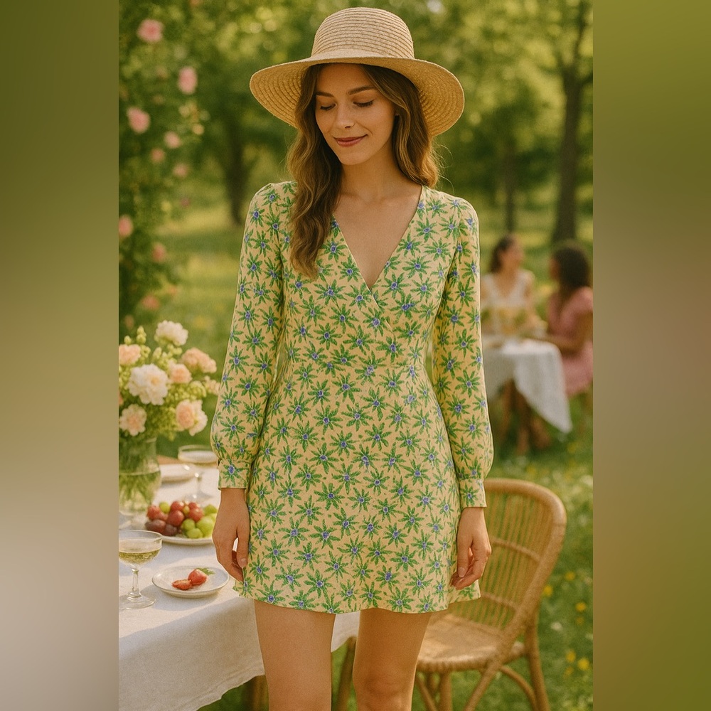 Boho Chelsea & Violet Green Floral Botanical Long Sleeve Mini Dress XL